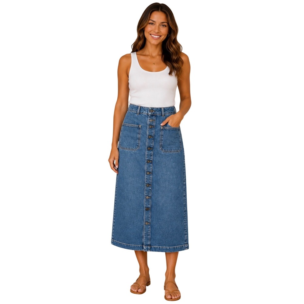 Pilcro and the Letterpress Anthropologie Button Front Denim Midi Skirt Blue 14